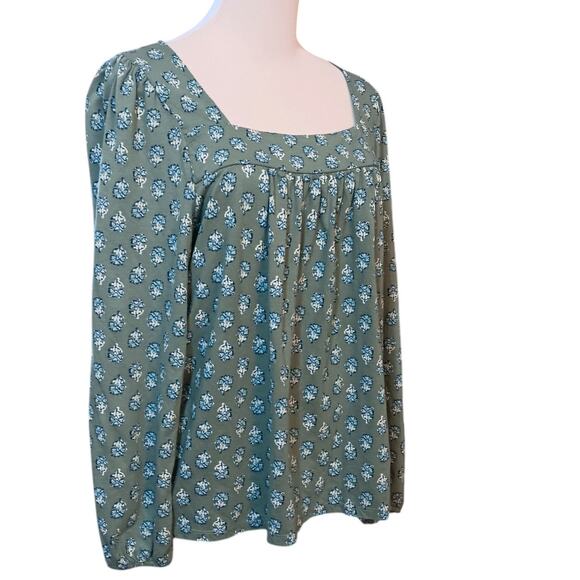 LUCKY BRAND Peasant Blouse Top Square Neck Gathers Flowy Size Large Floral Green - Picture 1 of 9